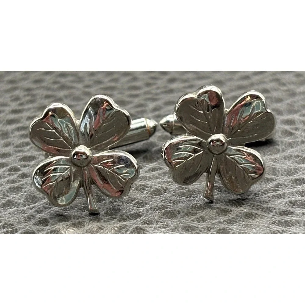 Vintage Shamrock Clover Silver Tone Cufflinks Men's Formal Wear